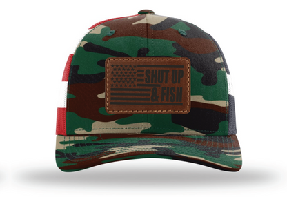 Shut Up & Fish Flag Patch - Green Camo/USA Flag